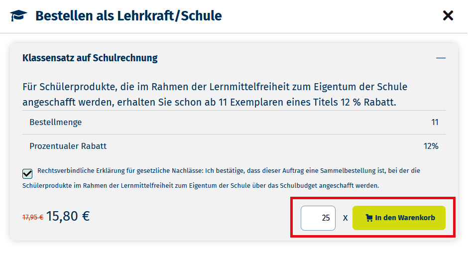 Screenshot STARK Klassensatzbestellung Warenkorb-Button